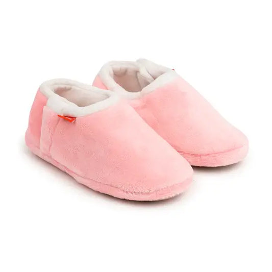 Pink closed-toe orthotic slippers with cushioned white lining and plush upper.