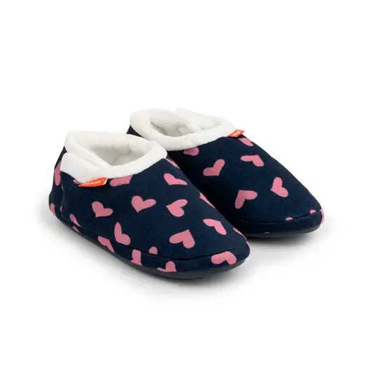 Closed-toe navy slippers with pink heart print and cushioned white lining