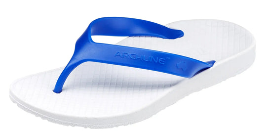 Archline kids orthotic thongs, white footbed with blue toe post and strap