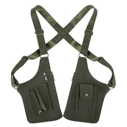 Olive green tactical chest rig bag with two front pouches and X-strap harness