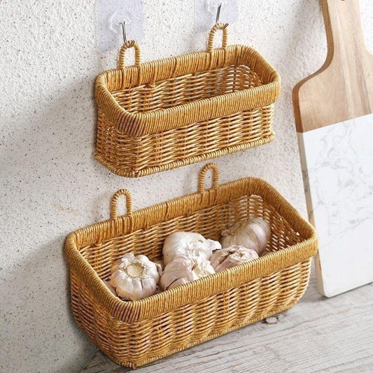 Rectangular wall-mount storage basket with two hanging hooks, tan woven look