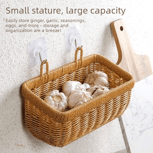 Rectangular wall storage basket with two hooks, tan woven look, holds garlic bulbs