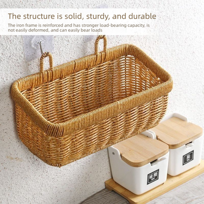 Artificial Rattan Wall Mount Storage Basket, Washable Plastic Woven Hanging Organizer for Kitchen Garlic Ginger Spice(S)