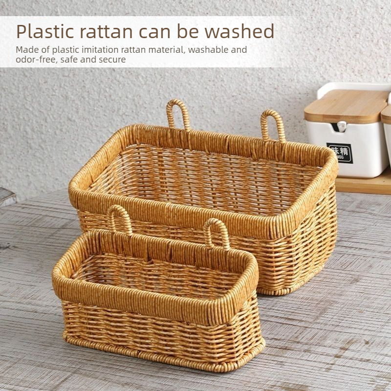 Artificial Rattan Wall Mount Storage Basket, Washable Plastic Woven Hanging Organizer for Kitchen Garlic Ginger Spice(S)