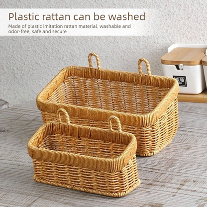 Artificial Rattan Wall Mount Storage Basket, Washable Plastic Woven Hanging Organizer for Kitchen Garlic Ginger Spice(S)