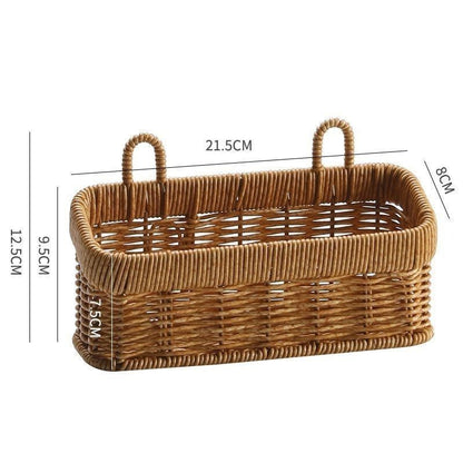 Artificial Rattan Wall Mount Storage Basket, Washable Plastic Woven Hanging Organizer for Kitchen Garlic Ginger Spice(S)