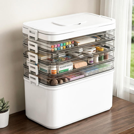 5-tier portable storage box with detachable clear stackable drawers and white base