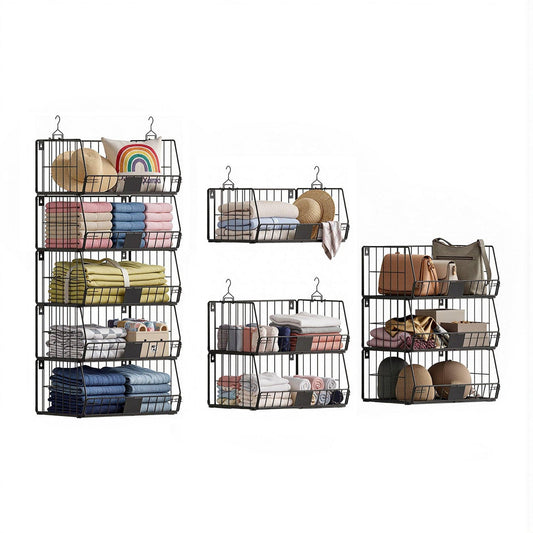 5-tier hanging closet organizer shelf unit with black metal wire baskets