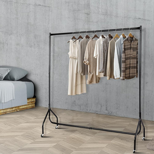 Clothes rack with hanging coats and shirts on overhead rail, on caster wheels