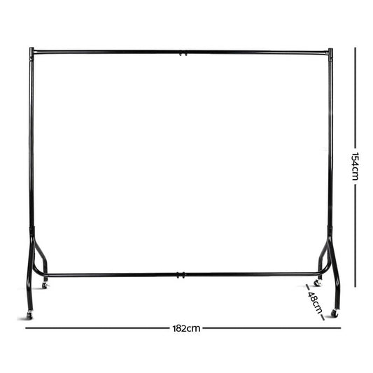 Clothes rack stand, 182 cm wide and 154 cm high, with wheeled legs