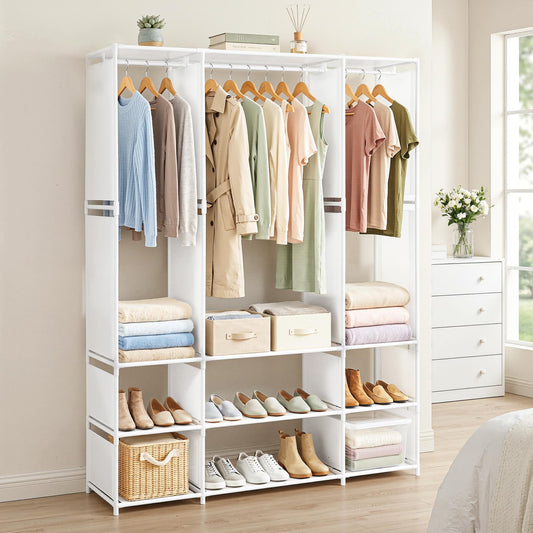 White portable clothes wardrobe with open shelves and hanging rail