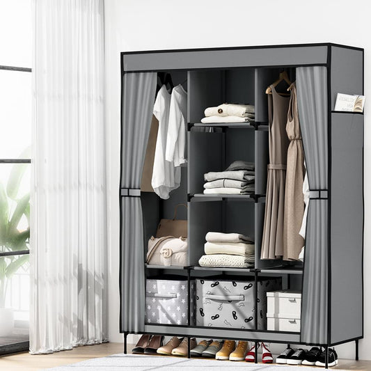 Grey portable clothes closet wardrobe with open frame, hanging bars, and stacked shelves