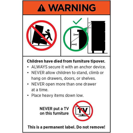 Warning label with child safety icons and instructions for furniture tip-over