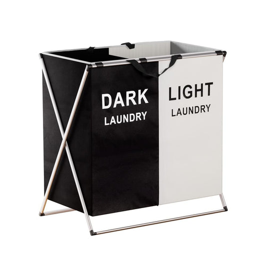 Two-section foldable laundry hamper with dark and light fabric panels, metal frame