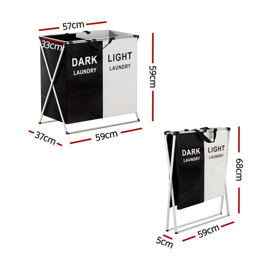 Two-section foldable laundry hamper with dark and light panels on X-frame stand