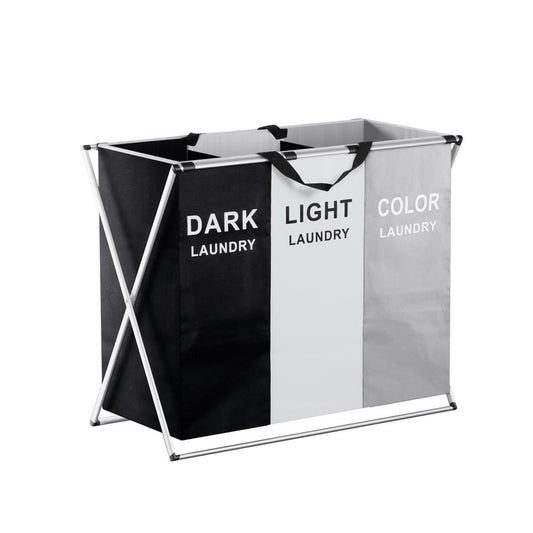 Foldable 3-section laundry hamper with top handles and dark, light, color compartments