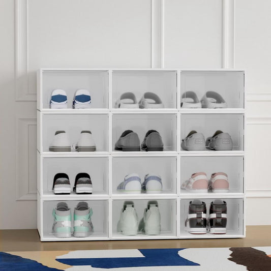 White stackable shoe box rack with 12 clear-front compartments, grid storage unit
