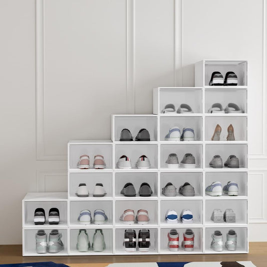 Stackable white shoe box rack display with open cubby shelves for shoes