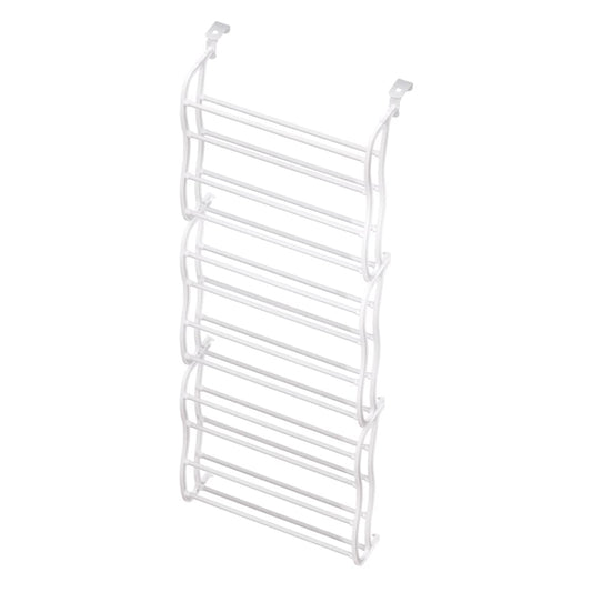 White over-door shoe rack organizer with five horizontal metal tiers