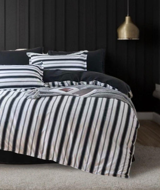 Striped quilt cover set with black reverse and pillows, dark and white vertical stripes