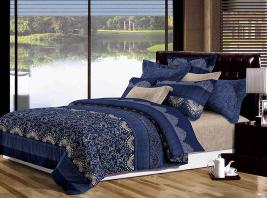 Queen duvet quilt cover set in navy with ornate circular medallion and striped accents