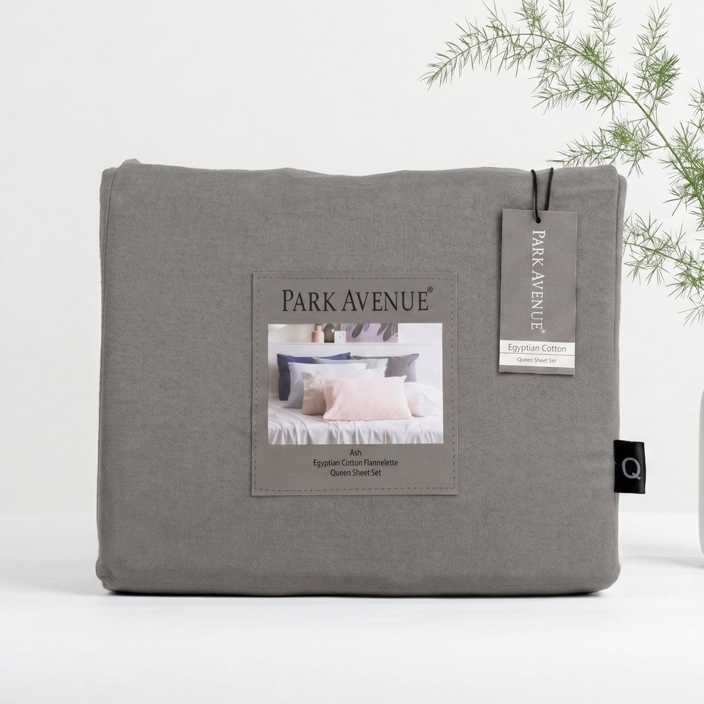 Grey flannelette kids sheet set folded with Park Avenue label and hanging tag