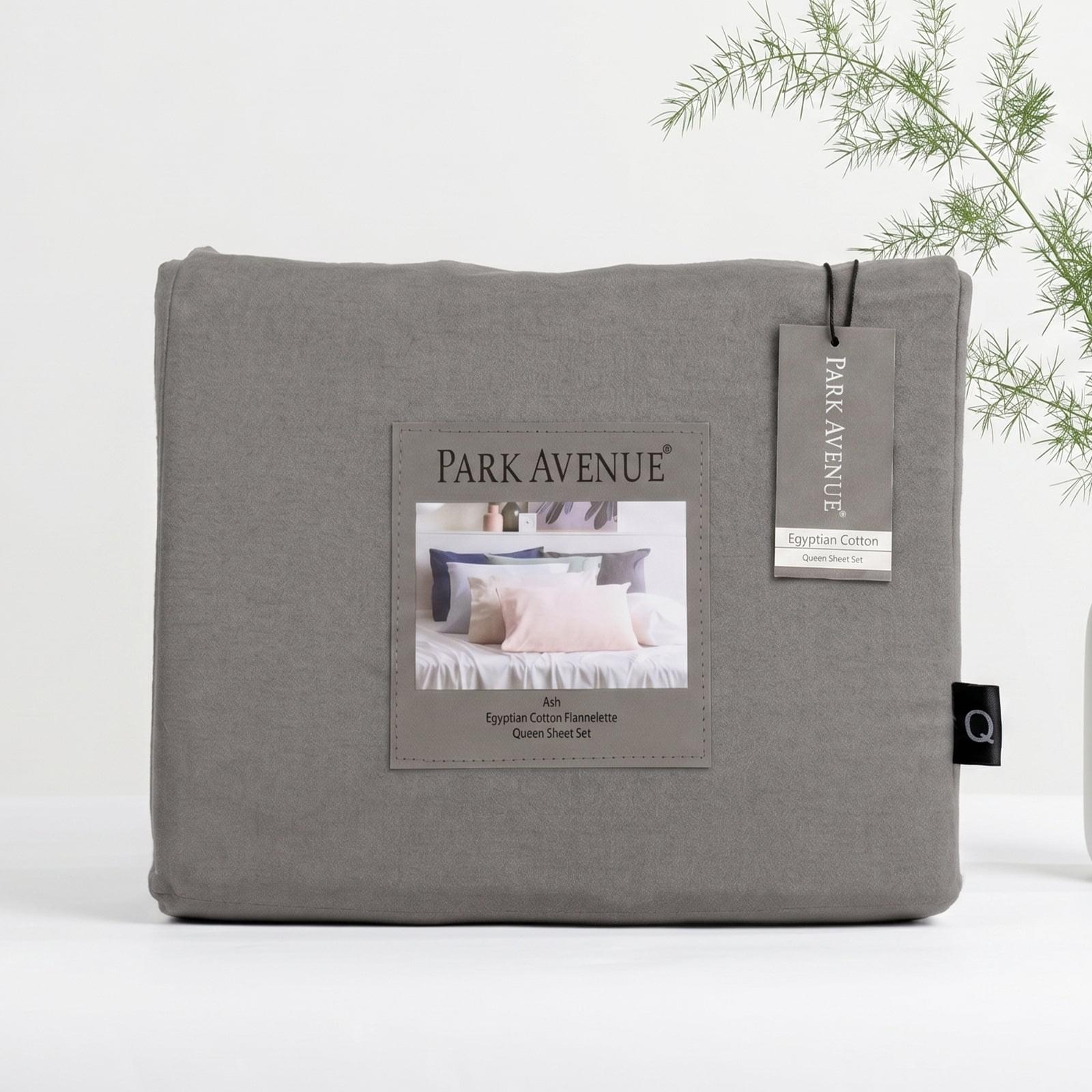 Grey flannelette kids sheet set folded with Park Avenue label and hanging tag