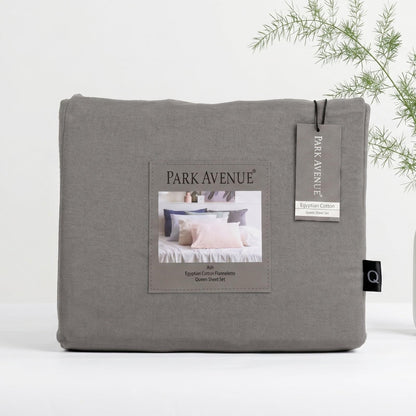 Grey flannelette kids sheet set folded with Park Avenue label and hanging tag