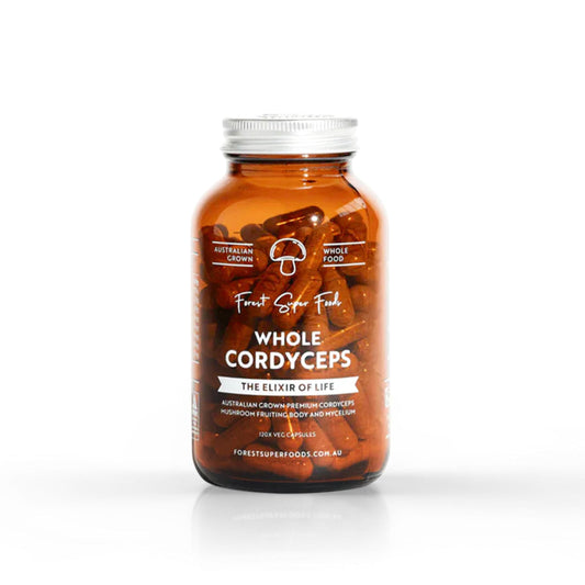 Whole cordyceps supplement bottle, amber glass with white screw cap.