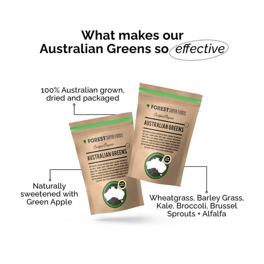 Australian Greens supplement pouches set, kraft brown with green stripe and product labels