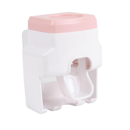 Wall-mounted toothpaste dispenser squeezer with toothbrush holder, pink top and side opening