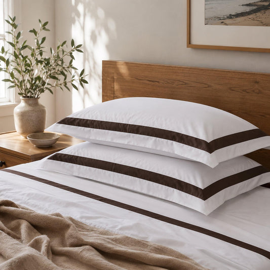 White pillowcase set with brown striped trim, standard size, on bed