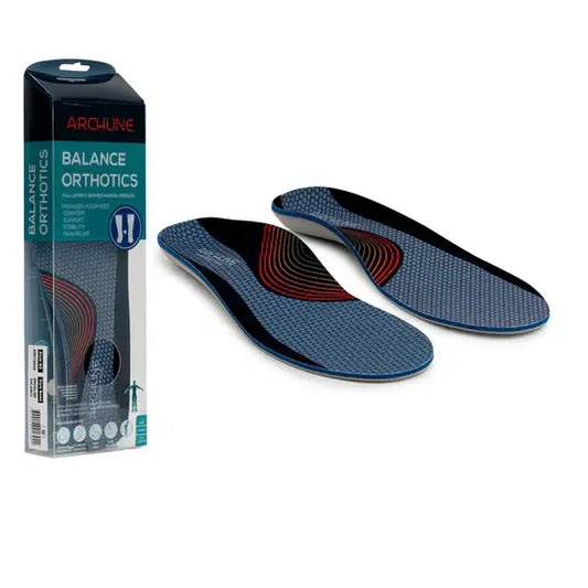 Blue full-length arch support insoles with red curved guidance lines, unisex pair