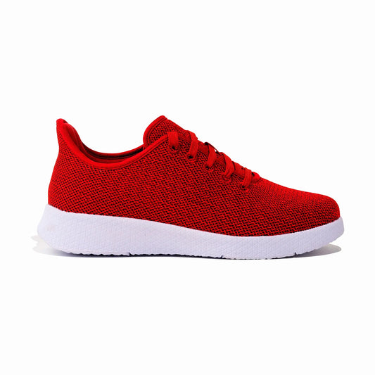 Lightweight casual orthotic shoe in dark red mesh with white midsole and lace-up front