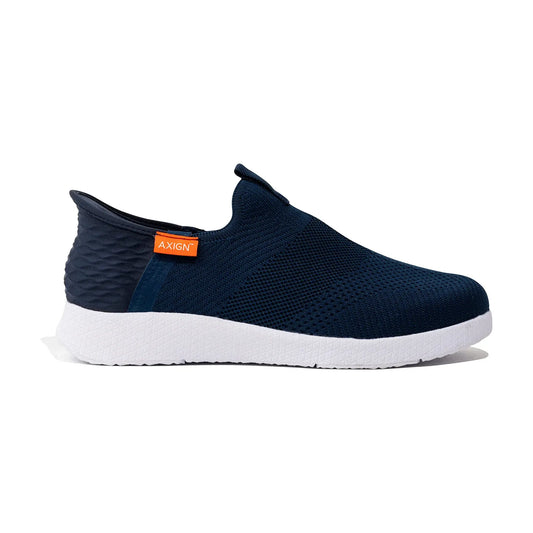 Navy slip-on knit orthotic shoe with orange Axign logo and white textured sole