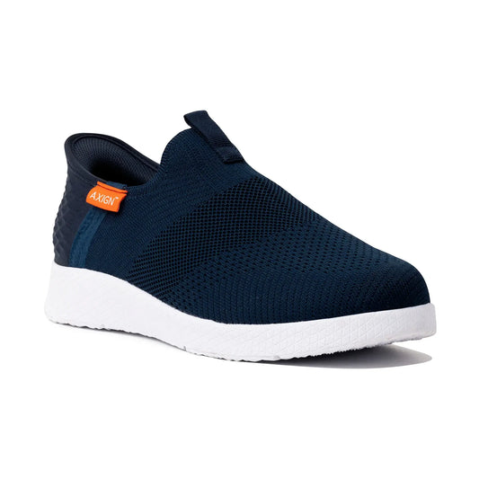 Navy lightweight slip-on orthotic shoe with side knit texture, white sole, orange Axign tag