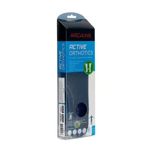 Archline Active orthotic insoles packaging, dark blue full-length pair