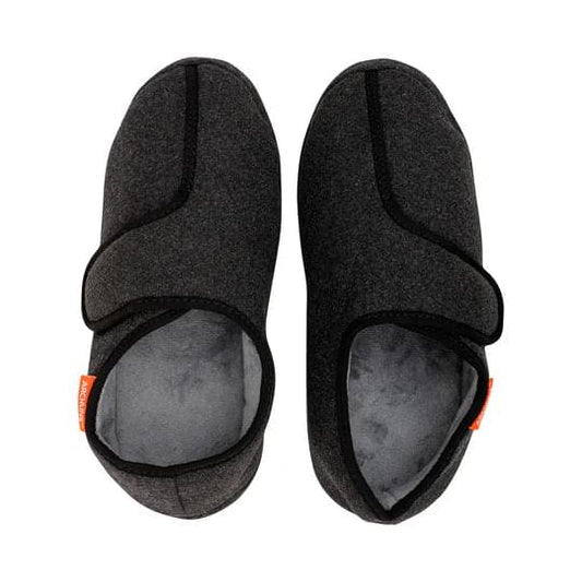 Charcoal orthotic slippers with curved strap, open heel, and padded lining