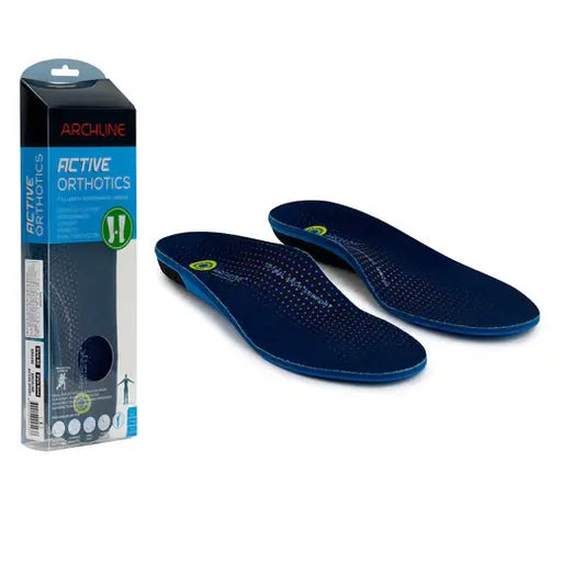 Dark blue sport orthotic insoles with textured top and arch support, full-length pair