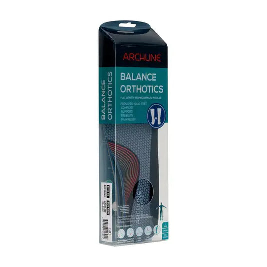 Archline Balance Orthotics box showing blue full-length insoles with red contour lines