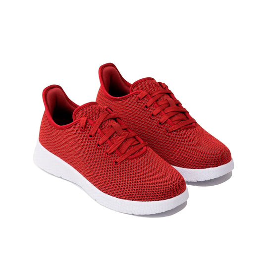 Pair of dark red lace-up lightweight orthotic shoes with white soles and breathable knit uppers