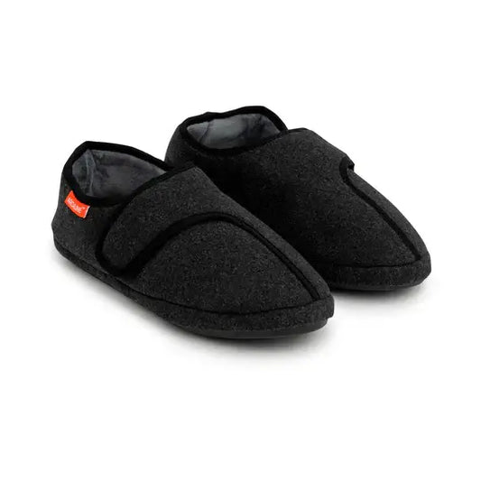 Charcoal marl orthotic slippers with hook-and-loop strap and cushioned sole