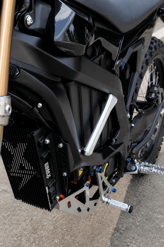 Side battery protection frame bracket, black with white/silver guard bars and mounting bolts