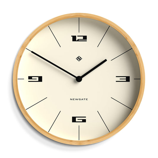 Wood-framed wall clock with cream dial, black hour markers, and three black hands