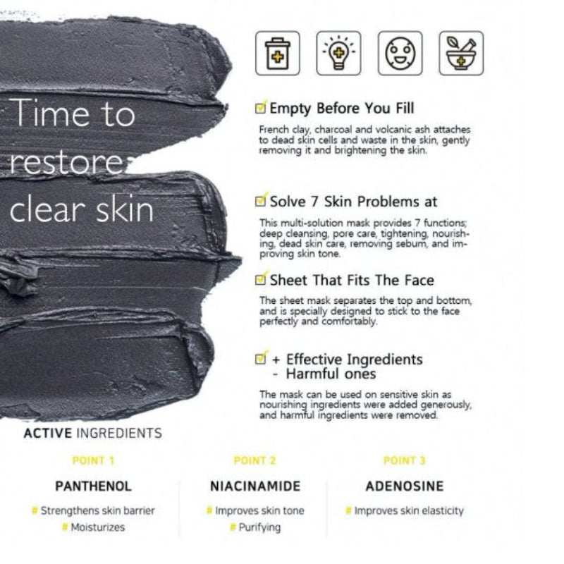Black clay mask formula shown as layered dark charcoal sheets