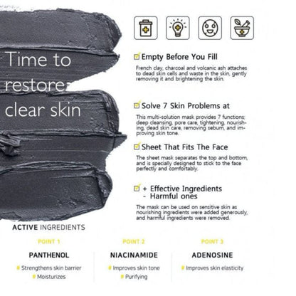 Black clay mask formula shown as layered dark charcoal sheets