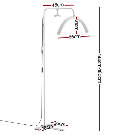 LED half-moon beauty light lamp on tall white floor stand with wide base