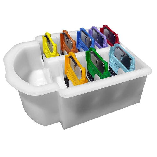ProGroom attachment comb set in white organizer with colorful combs