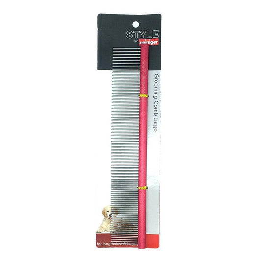 Large grooming comb with long metal teeth and red handle, in retail pack