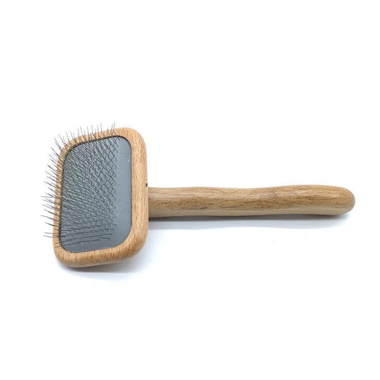 Pet slicker brush with wooden handle and gray metal pin pad